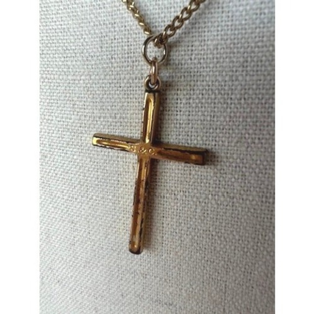 S&C Cross Pendant Necklace 24" Curb Chain Gold‎ Tone Vintage Signed Engraved